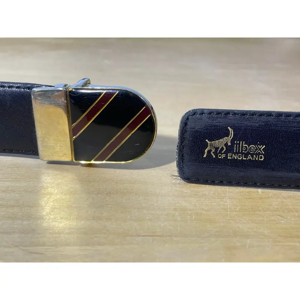 Vintage Ibex Brown Leather Belt Men's 46 Gold Enamel Striped Buckle Preppy Twee